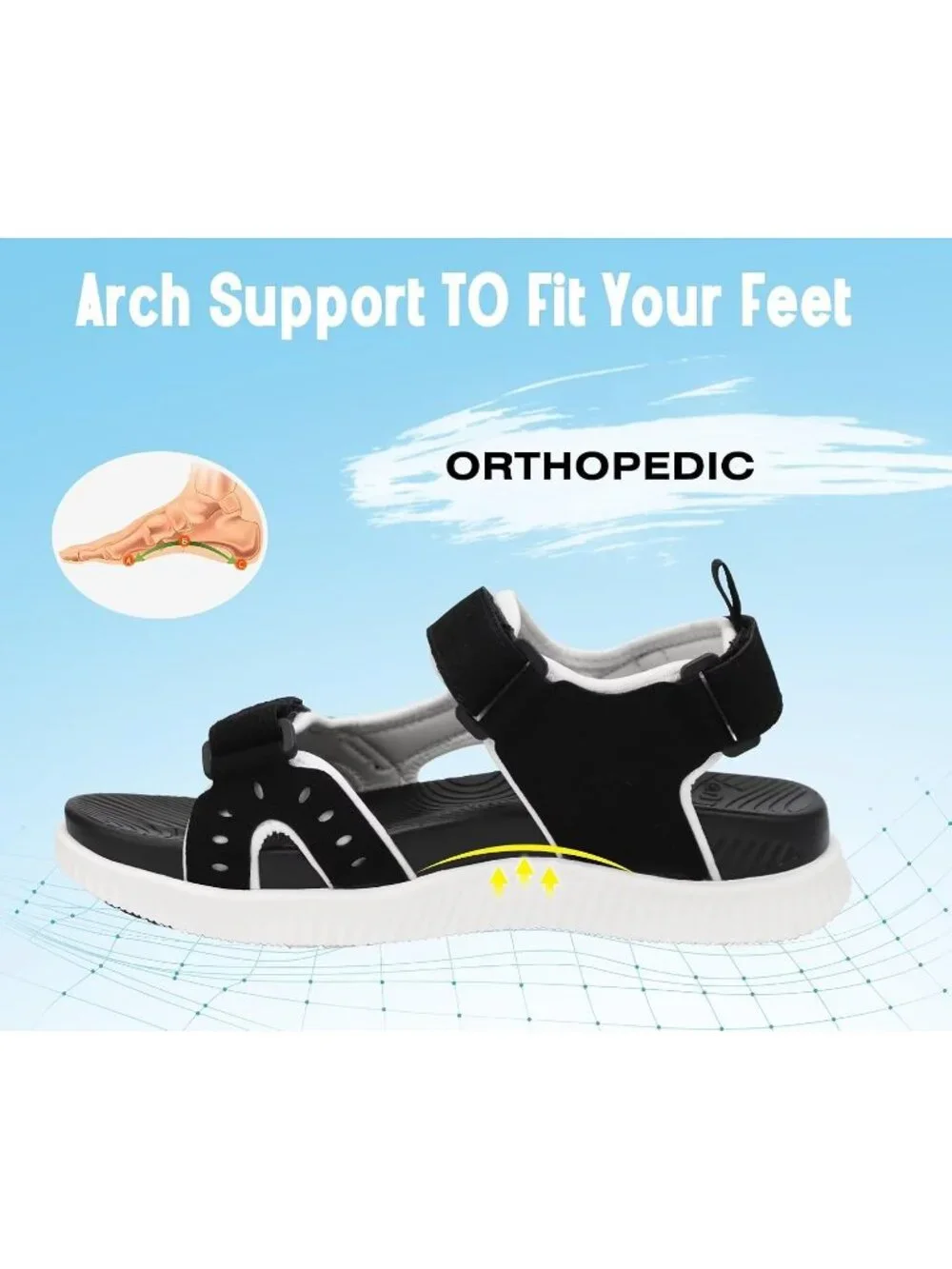 Men's Black And White Arch Support Thick Recovery Athletic Hiking Sandal Shoes